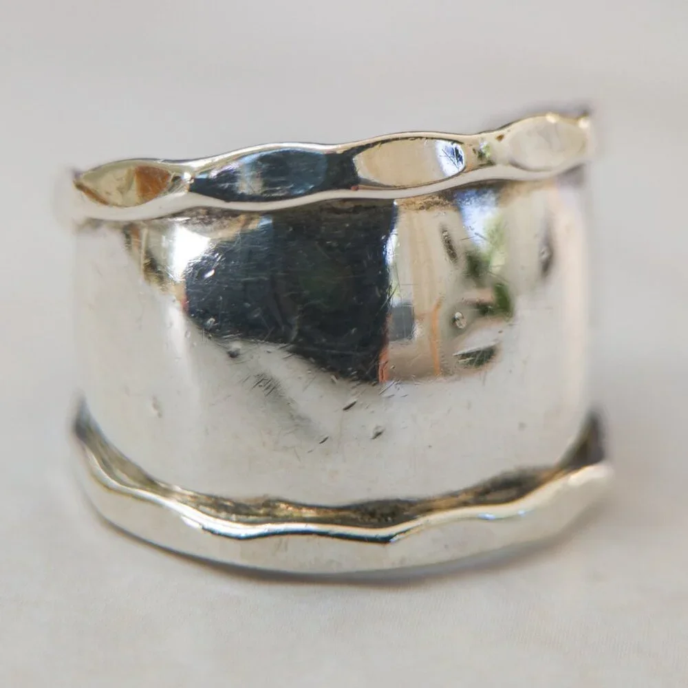 925 Sterling Wide Domed Band, Ripple Rim, Size 6.5 (15mm)